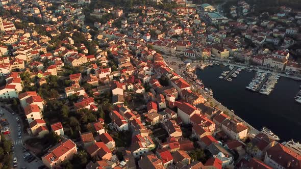 Aerial view of boats anchored at Mali Losinj bay during the sunset, Croatia.