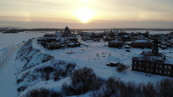 Sviyazhsk Island in Volga River at Winter Small City Village Cathedral Sunset