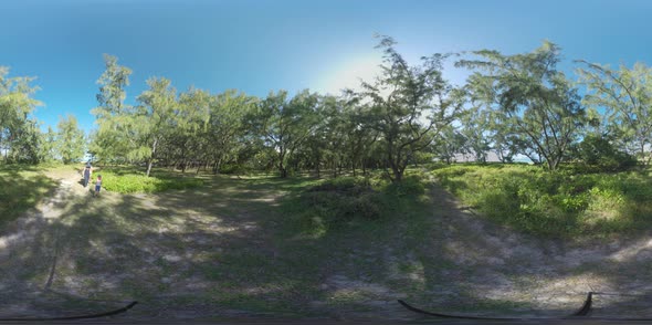 360 VR Family of Tourists Walking in Green Woods of Mauritius