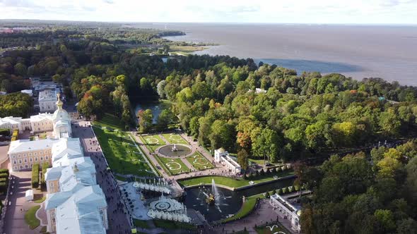 Aerial View of Peterhof Palace, with the Gardens, Parks, Water Fountains and Water Canals in the