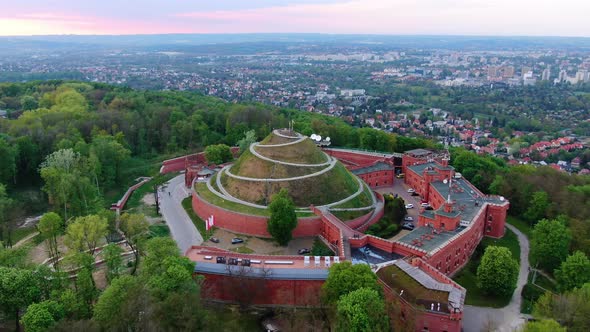 Aerial view of Kosciuszko Mound (Kopiec Kosciuszki) in Cracow, Krakow, Poland