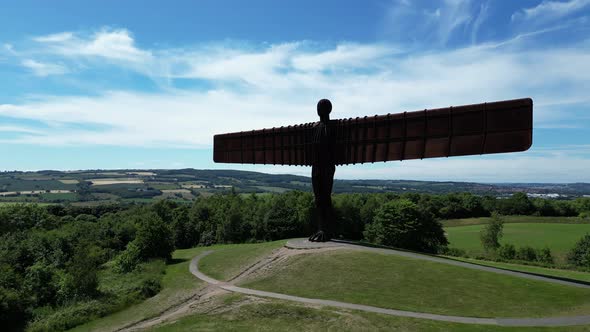 Angel of the North. Drone shot pans from right to left showing the front of the Angel Of The North i