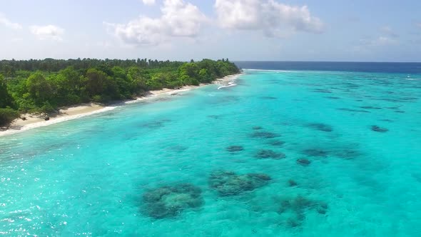 Aerial drone travel of coastline beach by clear ocean and sand background