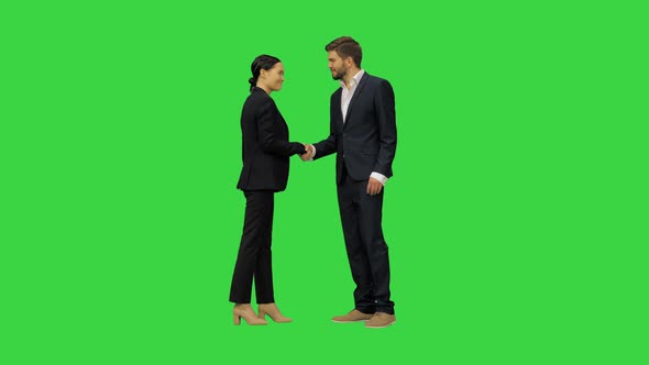 A Bussiness Woman and a Bussiness Man Meet and Shake Hands on a Green Screen Chroma Key