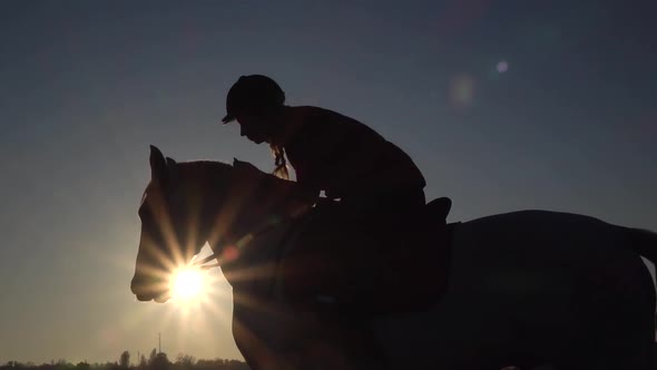 Horsewoman Kisses a Horse at Sunset