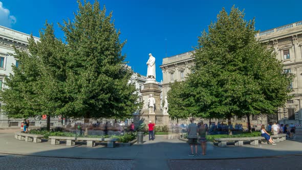 Monument To Leonardo Da Vinci in Piazza Della Scala Meaning La Scala Square Timelapse Hyperlapse in