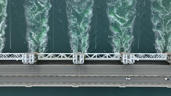 Bird's Eye View of a Storm Surge Barrier Bridge in the Netherlands