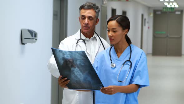 Doctors examining x-ray report in corridor