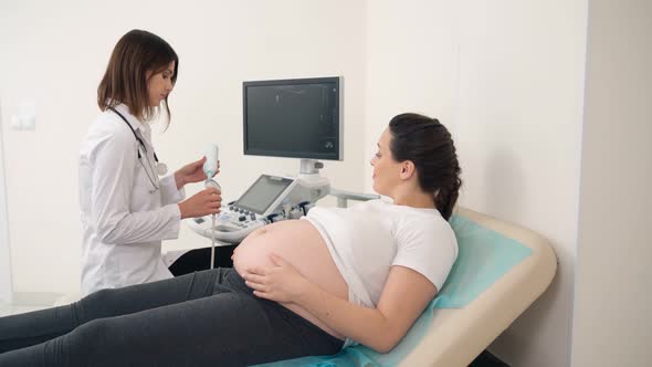 Doctor Using Ultrasound for Scanning Tummy of Pregnant Woman