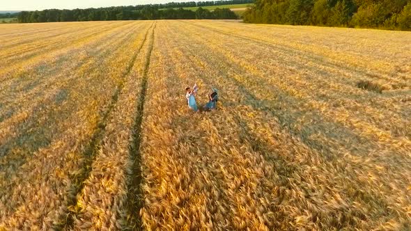 Aerial of Happy Family with Baby in Wheat Field in Summer