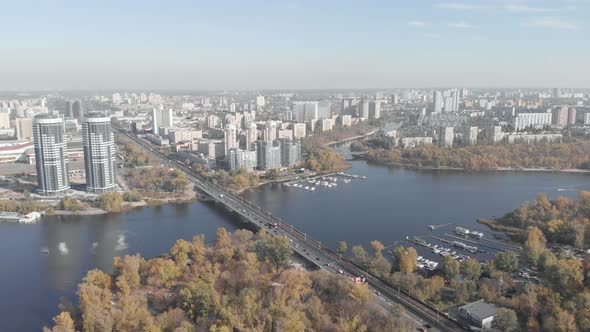 The Left Bank of Kyiv in the Fall. Hydropark. Ukraine. Dnipro River. Aerial View