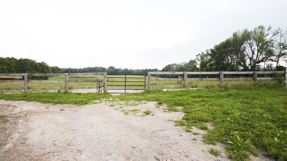 Approaching a green pasture on a farm.