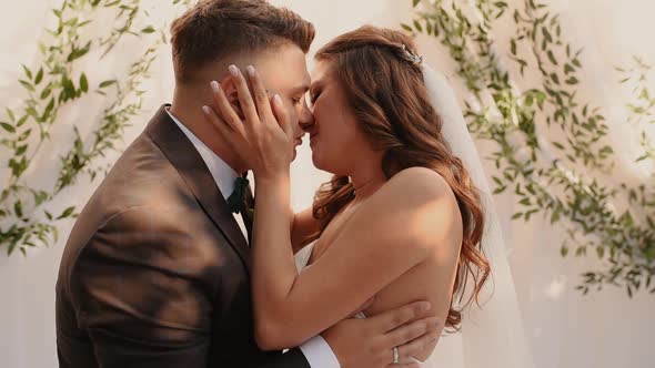 Groom and Bride in Dress Kiss Hugging Each Other