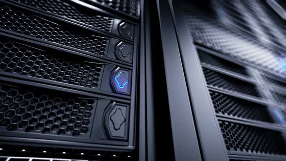 Endless working data servers animation. Blue shining LED lights. Loopable. HD