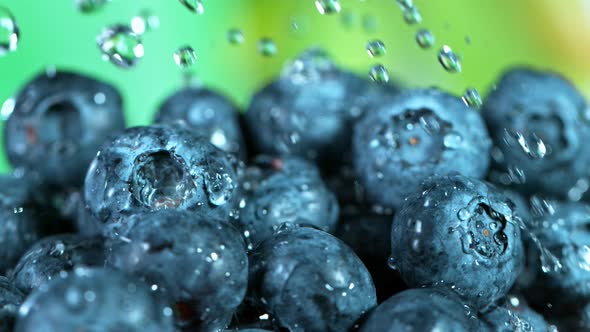 Super Slow Motion Shot of Water Falling on Fresh Blueberries at 1000Fps