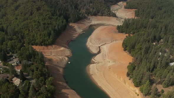 Aerial view of Shasta Lake in Northern California low water levels during drought