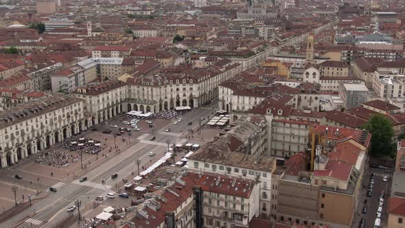 Piazza Vittorio, Turin, Italy - Aerial Dolly Left Over Famous Square