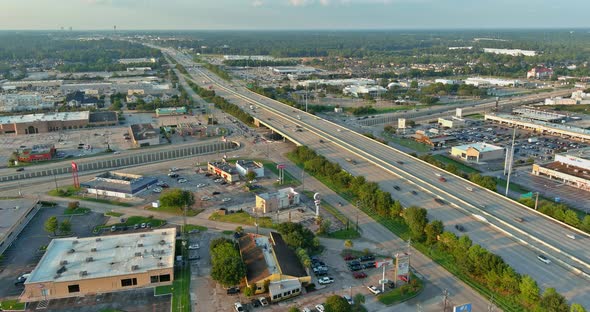 Aerial view interstate 45, highway road junction at southeast side of Houston, Texas