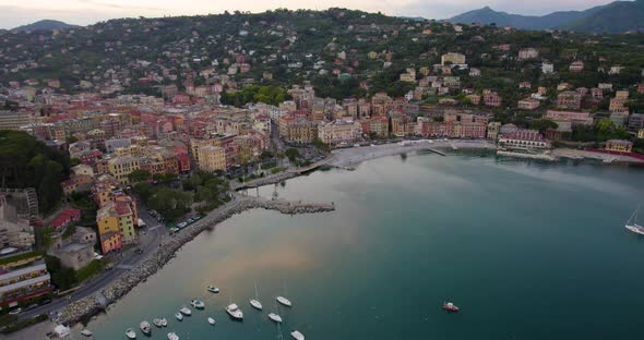 Picturesque Tourism Town near Portofino on Italy Coast at Sunset - Aerial