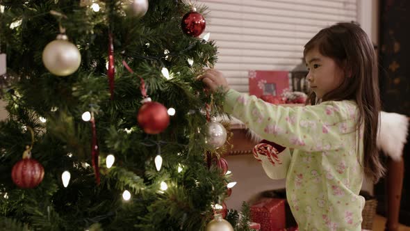 Young Asian Child Placing Candy Canes on Christmas Tree