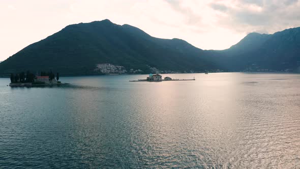 Aerial View of Our Lady of the Rock on Shore of Boka Kotor Bay Montenegro