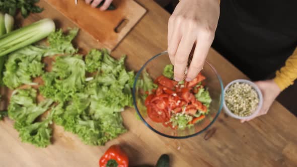 Cooking Salad at Home Woman Hands Adding Mung Bean Sprouts To a Salad