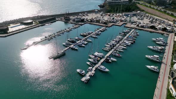 Yachts in the port aerial view