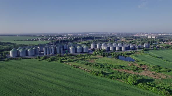Commercial Grain Or Seed Silos In Sunny Spring Rural Landscape