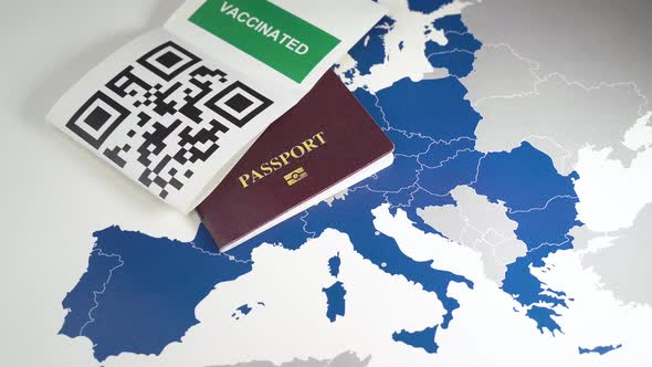 Digital Green Passport with QR Code Over an EU Map