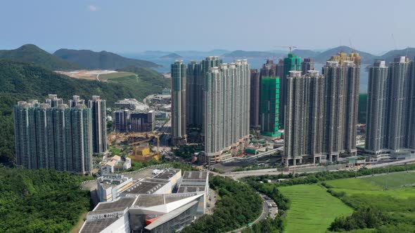 Drone fly over Hong Kong city