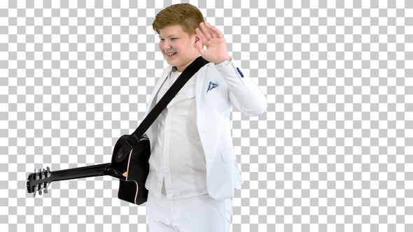 Boy in white suit with guitar greeting audience, Alpha Channel