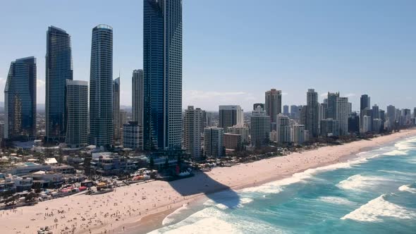 Aerial view of skyline and beach at Surfers Paradise, Gold Coast, Australia