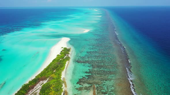 Aerial flying over texture of idyllic coastline beach wildlife by aqua blue sea with white sandy bac