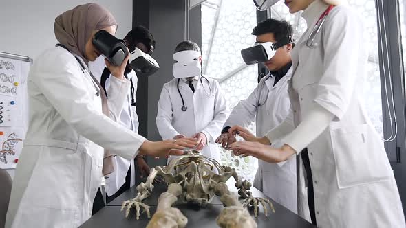 Male and Female Doctors in Hospital Office Studing the Human Skeleton Using Virtual Reality Headset