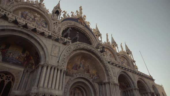 Facade of Historic Basilica di San Marco, Morning Wide shot, Venice, Italy