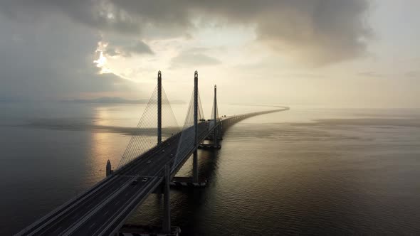 Aerial view dramatic sunrise morning at Penang Second Bridge