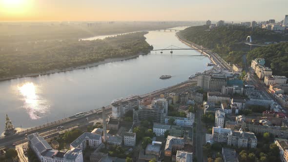 Historical District of Kyiv - Podil in the Morning at Dawn. Ukraine. Aerial View