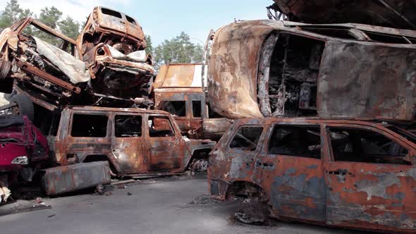 War in Ukraine a Dump of Shot and Burned Cars in Irpin Bucha District