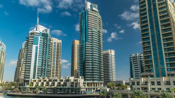 View of Dubai Marina Towers and Canal in Dubai Timelapse Hyperlapse