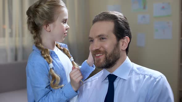 Smiling School Girl Combing Father Hair, Having Fun Together, Family Care, Game