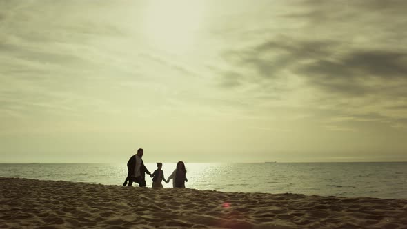 Parents Children Running Sea Coast