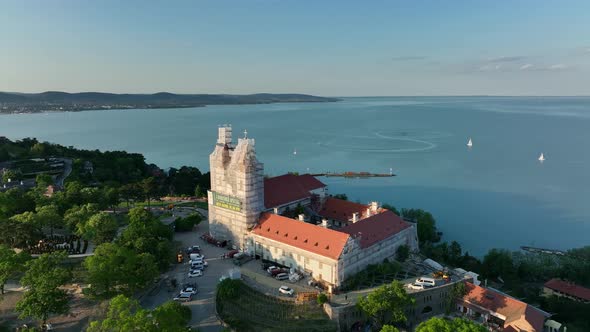 Aerial view of Tihany village overlooking Lake Balaton in Hungary