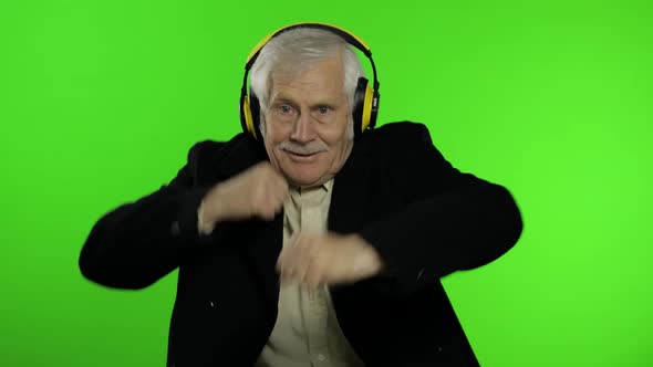 Elderly Caucasian Grandfather Man Dance, Celebrate, Listen Music. Chroma Key