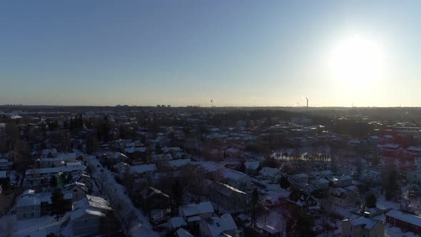 Beautiful drone footage of Finnish city landscape in the winter. Aerial footage of arctic neighbourh