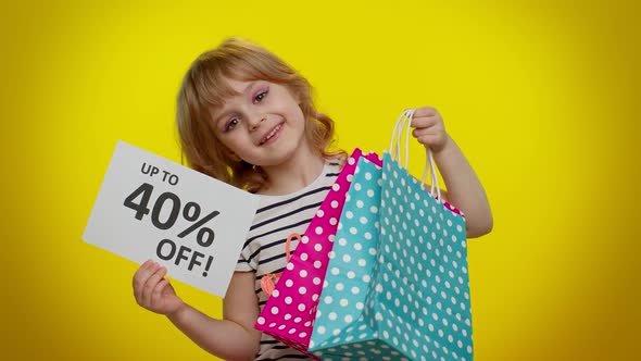 Kid Child Girl Showing Shopping Bags and Up To 40 Percent Off Inscriptions Banner Text Black Friday