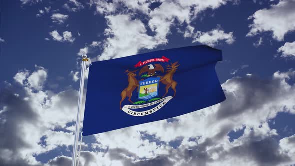 Michigan Flag With Sky 4k