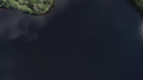 Drone top down view above lake in the woods.