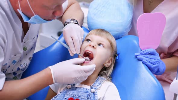 Little child in stomatology chair reseives treatment. Doctor is checking girl's teeth