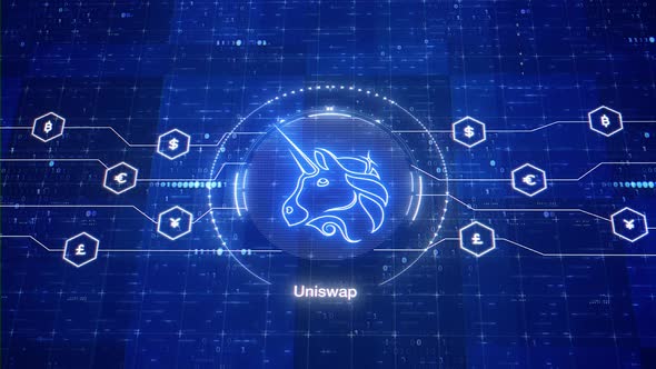 Uniswap animated logo. Uni cryptocurrency animation. 3D video of crypto in digital world.