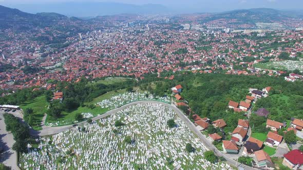 Flying over Bosnian town with Muslim graveyards